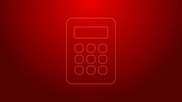 Linha verde ícone Calculadora isolado no fundo vermelho. Símbolo contabilístico. Cálculos de negócios educação matemática e finanças. Animação gráfica em movimento de vídeo 4K — Vídeo de Stock