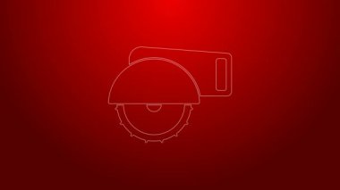 Kırmızı zemin üzerinde çelik dişli disk simgesi olan yeşil çizgili elektrikli elektrikli testere. Tahta ya da metal kesmek için elektrikli el aleti. 4K Video hareketli grafik canlandırması