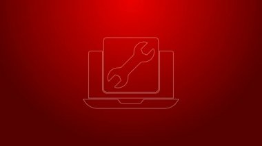 Kırmızı arkaplanda İngiliz anahtarı simgesi olan yeşil çizgi dizüstü bilgisayar. Ayarlama, servis, ayar, bakım, onarım, onarım. 4K Video hareketli grafik canlandırması