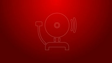Kırmızı arkaplanda yeşil hat alarm simgesi var. Yangın alarmı. Servis zili, el zili işareti, uyarı sembolü. 4K Video hareketli grafik canlandırması