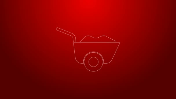 Green line Wheelbarrow icon isolated on red background. Tool equipment. Agriculture cart wheel farm. 4K Video motion graphic animation — Stock Video