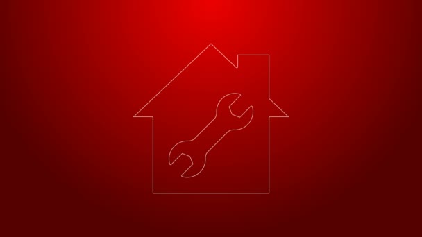 Groene lijn Huis of huis met moersleutel pictogram geïsoleerd op rode achtergrond. Aanpassen, service, instelling, onderhoud, reparatie, vaststelling. 4K Video motion grafische animatie — Stockvideo