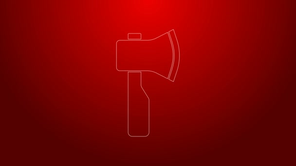 Green line Wooden axe icon isolated on red background. Lumberjack axe. 4K Video motion graphic animation — Stock Video