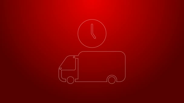 Zielona linia Logistyka dostawy ciężarówki i ikona czasu izolowane na czerwonym tle. Ikona czasu dostawy. 4K Animacja graficzna ruchu wideo — Wideo stockowe