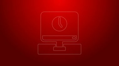 Yeşil çizgi bilgisayar izleme zaman simgesi kırmızı arkaplanda izole edildi. Elektronik cihaz. Ön manzara. 4K Video hareketli grafik canlandırması