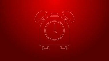 Kırmızı arkaplanda yeşil çizgi alarm simgesi izole edildi. Uyan, kalk konsepti. Zaman işareti. 4K Video hareketli grafik canlandırması