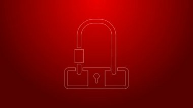 Yeşil hat bisiklet kilidi U biçimli sanayi simgesi kırmızı arka planda izole edildi. 4K Video hareketli grafik canlandırması