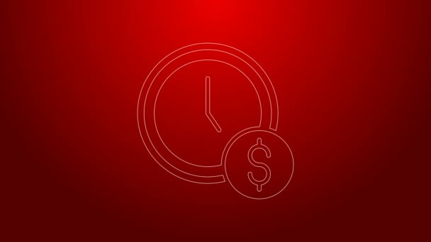 Yeşil Hat Saati, kırmızı arkaplanda izole edilmiş para simgesidir. Para zamandır. Etkili zaman yönetimi. Zamanı paraya çevir. 4K Video hareketli grafik canlandırması — Stok video