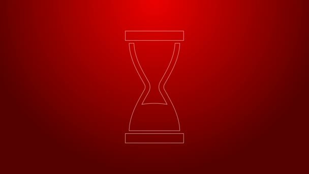 Zelená čára Staré přesýpací hodiny s tekoucí pískovou ikonou izolované na červeném pozadí. Pískové hodiny. Obchodní a časová koncepce. Grafická animace pohybu videa 4K — Stock video