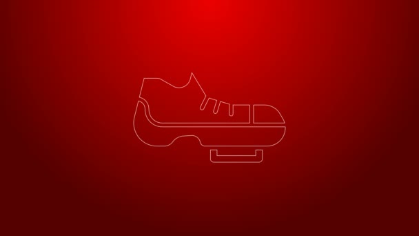 Linea verde Triathlon ciclismo scarpe icona isolata su sfondo rosso. Scarpe sportive, scarpe da bicicletta. Animazione grafica 4K Video motion — Video Stock
