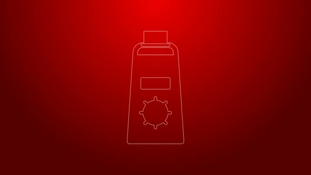 Green line Sunscreen cream in tube icon isolated on red background. Protection for the skin from solar ultraviolet light. 4K Video motion graphic animation — Stock Video