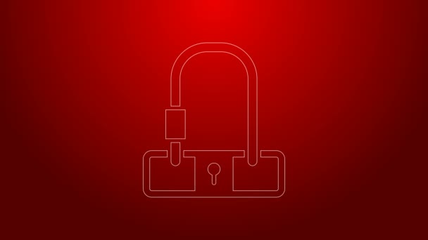 Зеленая линия Bicycle lock U shaped industrial icon isolated on red background. Видеографическая анимация 4K — стоковое видео