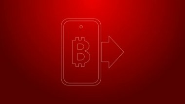 Kırmızı arka planda izole edilmiş mobil ikondan yeşil çizgi bitcoin madenciliği. Kripto para birimi madenciliği, engelleme zinciri teknoloji servisi. 4K Video hareketli grafik canlandırması