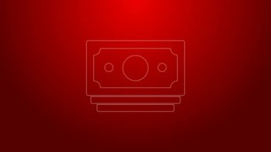 Yeşil çizgi, kağıt para yığını kırmızı arka planda izole nakit ikonu. Para desteleri. Para birimi. 4K Video hareketli grafik canlandırması