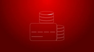 Yeşil çizgi kredi kartı simgesi kırmızı arkaplanda izole edildi. Çevrimiçi ödeme. Nakit çekilmesi. Finansal operasyonlar. Alışveriş tabelası. 4K Video hareketli grafik canlandırması