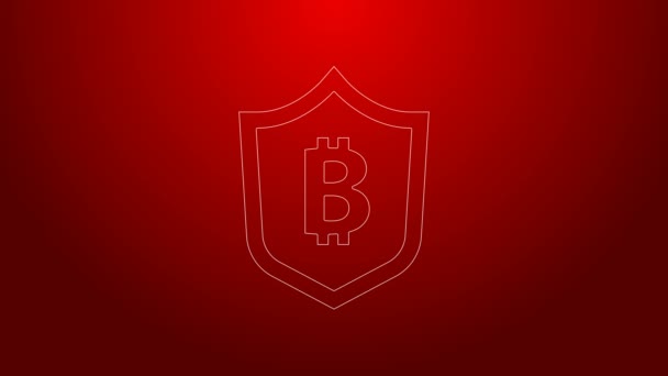 Ligne verte Bouclier avec icône Bitcoin isolé sur fond rouge. Exploitation minière crypto-monnaie, technologie blockchain, sécurité, protéger, argent numérique. Animation graphique de mouvement vidéo 4K — Video