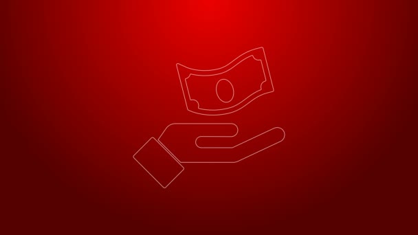 Linha verde Mão segurando ícone dinheiro isolado no fundo vermelho. Dólar ou símbolo USD. Cash Banking sinal de moeda. Animação gráfica em movimento de vídeo 4K — Vídeo de Stock