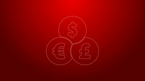 Linea verde Icona di cambio valuta isolata su sfondo rosso. Simbolo di trasferimento di denaro. Bancario segno di valuta. Animazione grafica 4K Video motion — Video Stock