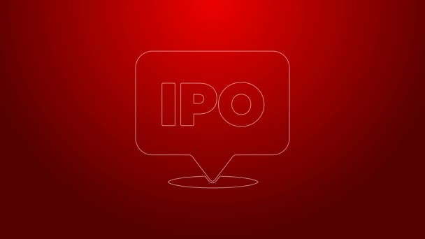 Зеленая линия IPO - иконка первичного публичного размещения или запуска фондового рынка, выделенная на красном фоне. Видеографическая анимация 4K — стоковое видео