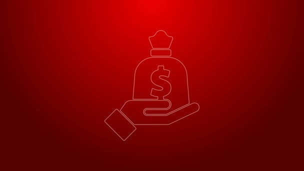Green line Hand holding money bag icon isolated on red background. Dollar or USD symbol. Cash Banking currency sign. 4K Video motion graphic animation — Stock Video