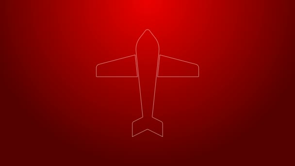Groene lijn Jet fighter icoon geïsoleerd op rode achtergrond. Militaire vliegtuigen. 4K Video motion grafische animatie — Stockvideo