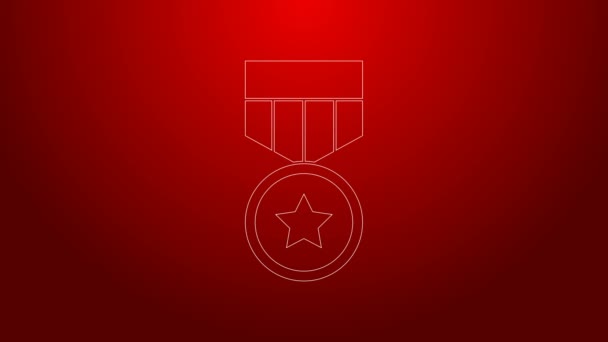 Зеленая линия Военная медаль медаль значок изолирован на красном фоне. Армейский знак. Видеографическая анимация 4K — стоковое видео