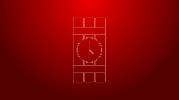 Green line Detonate dynamite bomb stick and timer clock icon isolated on red background. Time bomb - explosion danger concept. 4K Video motion graphic animation — Stock Video