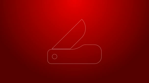 Grön linje schweiziska armén kniv ikon isolerad på röd bakgrund. Multiverktyg, multifunktionell pennkniv. Multifunktionellt verktyg. 4K Video motion grafisk animation — Stockvideo