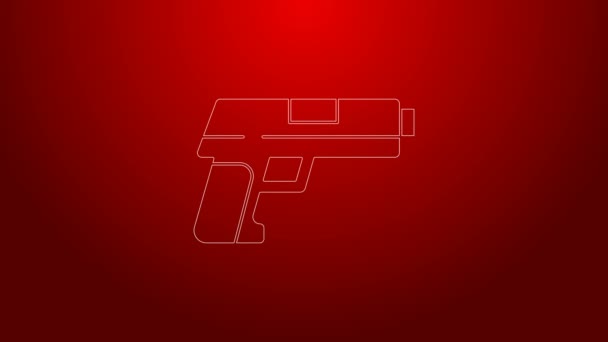Grön linje Pistol eller pistol ikon isolerad på röd bakgrund. Polis eller militär pistol. Ett litet skjutvapen. 4K Video motion grafisk animation — Stockvideo