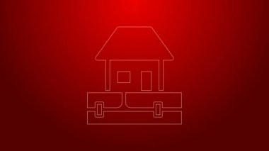 Yeşil hat su boruları ve ev simgesi kırmızı arka planda izole edildi. 4K Video hareketli grafik canlandırması