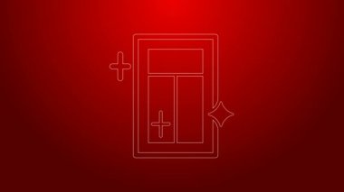 Kırmızı arkaplanda pencere simgesi için yeşil çizgi temizleme servisi izole edildi. Silecek, kazıyıcı, silecek. 4K Video hareketli grafik canlandırması
