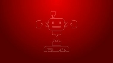 Yeşil çizgi parçalanmış robot simgesi kırmızı arkaplanda izole edildi. Yapay zeka, makine öğrenme, bulut hesaplama. 4K Video hareketli grafik canlandırması