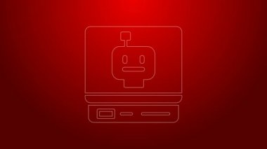 Yeşil çizgi robot simgesi kırmızı arkaplanda izole edildi. Yapay zeka, makine öğrenme, bulut hesaplama. 4K Video hareketli grafik canlandırması