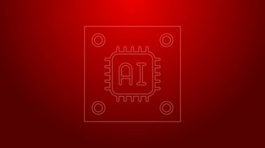 Kırmızı zemin üzerinde mikro devreli işlemci simgesi olan yeşil çizgi bilgisayar işlemcisi. Devre kartı işaretli çip ya da işlemci. Mikro işlemci. 4K Video hareketli grafik canlandırması