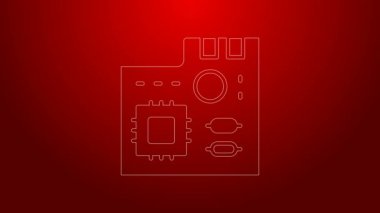 Yeşil çizgi Elektronik bilgisayar bileşenleri anakart dijital çip entegre bilim ikonu kırmızı zemin üzerinde izole. Devre kartı. 4K Video hareketli grafik canlandırması