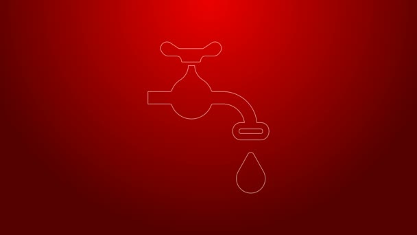 Línea verde Grifo de agua con un icono de gota de agua que cae aislado sobre fondo rojo. Animación gráfica de vídeo 4K — Vídeos de Stock