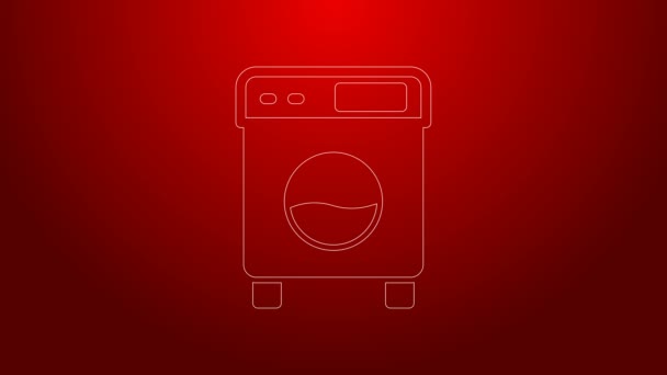 Linea verde Icona rondella isolata su sfondo rosso. Icona della lavatrice. Lavatrice - lavatrice. Simbolo dell'elettrodomestico. Animazione grafica 4K Video motion — Video Stock