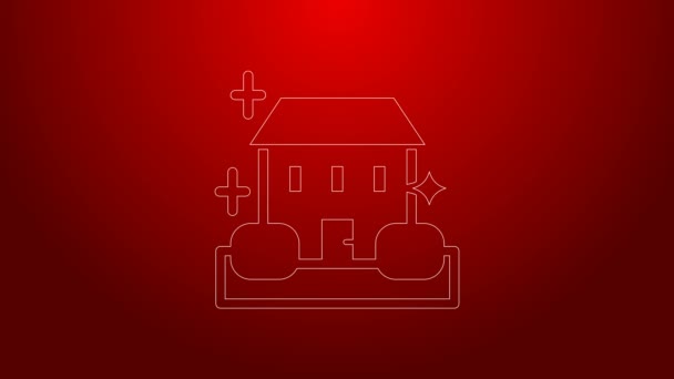 Línea verde Icono del concepto de servicio de limpieza del hogar aislado sobre fondo rojo. Edificio y casa. Animación gráfica de vídeo 4K — Vídeos de Stock