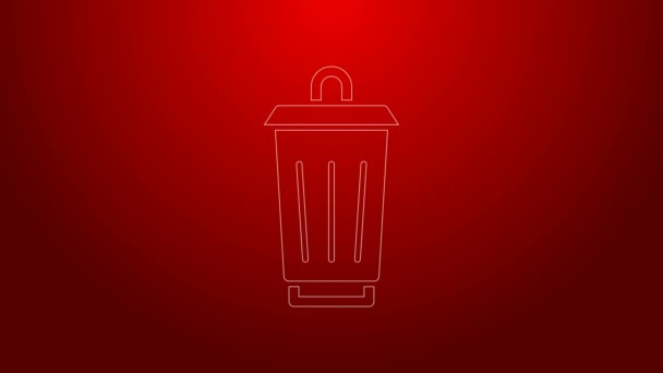 Grüne Linie Mülleimer-Symbol isoliert auf rotem Hintergrund. Mülleimer-Schild. Papierkorb-Symbol. Büromüll-Ikone. 4K Video Motion Grafik Animation — Stockvideo