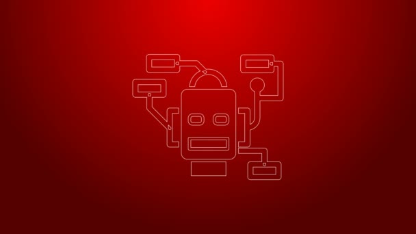 Zielona linia Ikona robota izolowana na czerwonym tle. Sztuczna inteligencja, uczenie maszynowe, chmura obliczeniowa. 4K Animacja graficzna ruchu wideo — Wideo stockowe