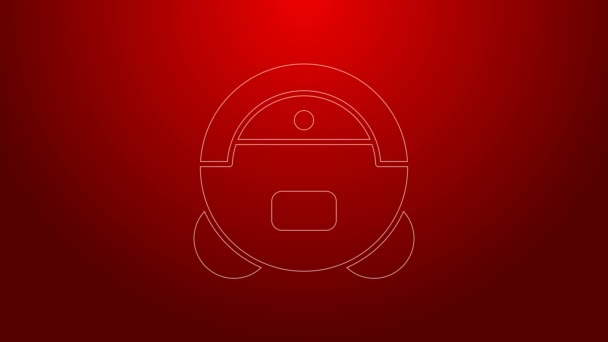 Grüne Linie Staubsaugerroboter Symbol isoliert auf rotem Hintergrund. Smart Home Gerät zum automatischen Staubsaugen, digitales Gerät für die Hausreinigung. 4K Video Motion Grafik Animation