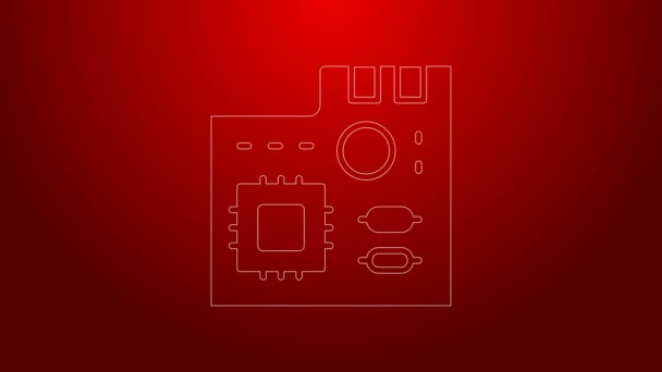 Ligne verte Composants informatiques électroniques carte mère puce numérique icône scientifique intégrée isolé sur fond rouge. Circuit. Animation graphique de mouvement vidéo 4K — Video