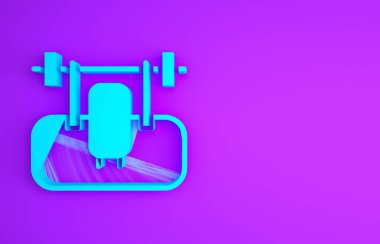 Mavi benç ve mor arka planda yalıtılmış barbel simgesi. Spor aletleri. Vücut geliştirme, ağırlık kaldırma, fitness konsepti. Minimalizm kavramı. 3d illüstrasyon 3B canlandırma.