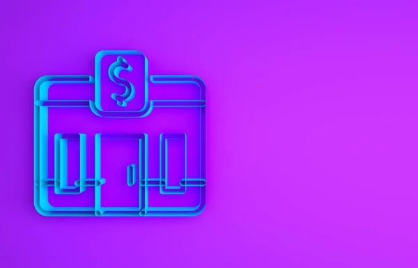 Значок Здания Blue Bank Выделен Фиолетовом Фоне Концепция Минимализма Рендеринг — стоковое фото