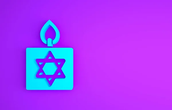Blue Burning candle in candlestick with star of david icon isolated on purple background. Cylindrical candle stick with burning flame. Minimalism concept. 3d illustration 3D render.