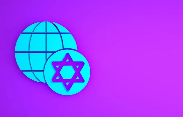 青の世界グローブとイスラエルのアイコンは紫色の背景に隔離されています 最小限の概念 3Dイラスト3Dレンダリング — ストック写真