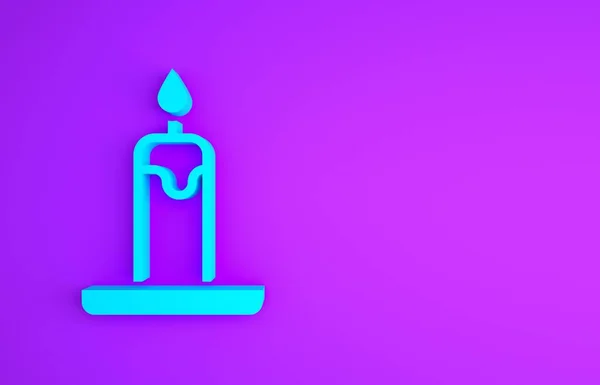 Blue Burning candle in candlestick icon isolated on purple background. Cylindrical candle stick with burning flame. Minimalism concept. 3d illustration 3D render.