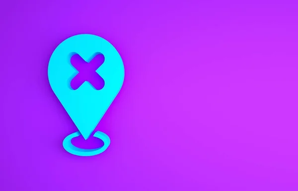 青の地図ピンで 紫色の背景に十字マークのアイコンが孤立しています ナビゲーション ポインタ Gps コンパス 検索の概念 最小限の概念 3Dイラスト3Dレンダリング — ストック写真