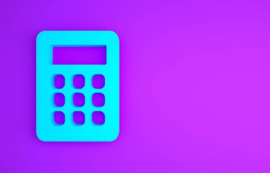 Mor arkaplanda mavi hesap makinesi simgesi izole edildi. Muhasebe sembolü. İş hesaplamaları matematik eğitimi ve finans. Minimalizm kavramı. 3d illüstrasyon 3B canlandırma.