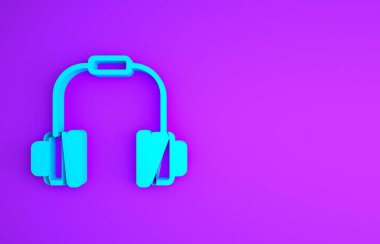 Mor arkaplanda mavi kulaklık simgesi var. Kulaklıklar. Müzik, hizmet, iletişim ve operatör konsepti. Minimalizm kavramı. 3d illüstrasyon 3B canlandırma.